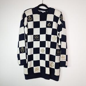 St. John Navy Check board Nautical Embeoidered Knit Sweater Dress Size Large